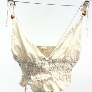 Cream Smocked Wooden Beaded Babydoll 100% Linen Crop Top